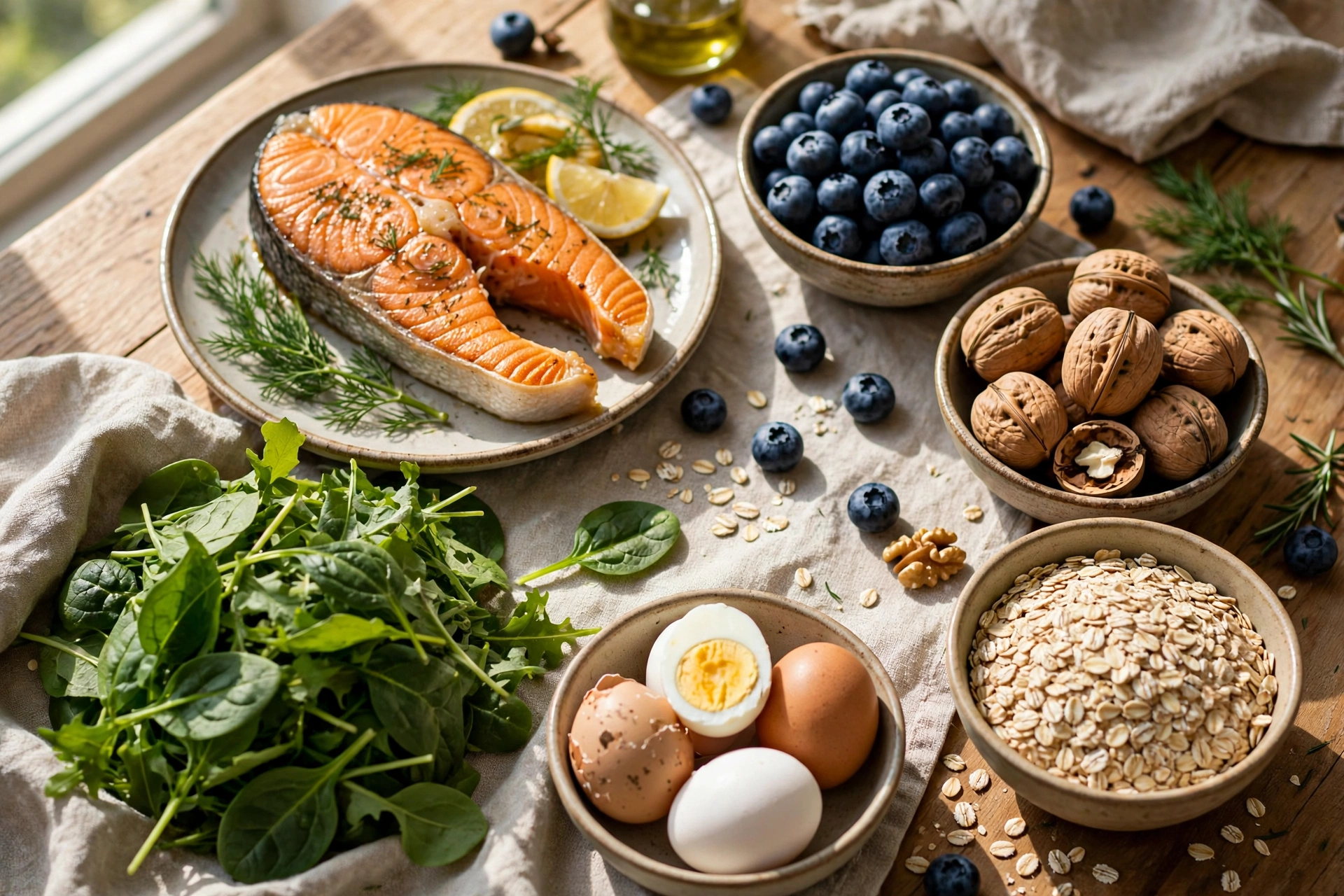 A table of foods for concentration including salmon, blueberries, eggs, walnuts, and leafy greens