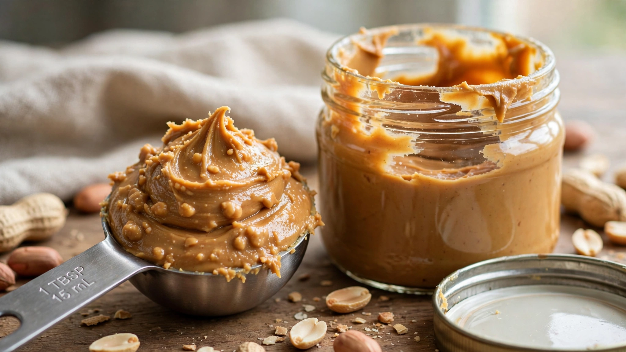 Measuring two tablespoons of peanut butter, an easy way to keep a PB&J from being fattening