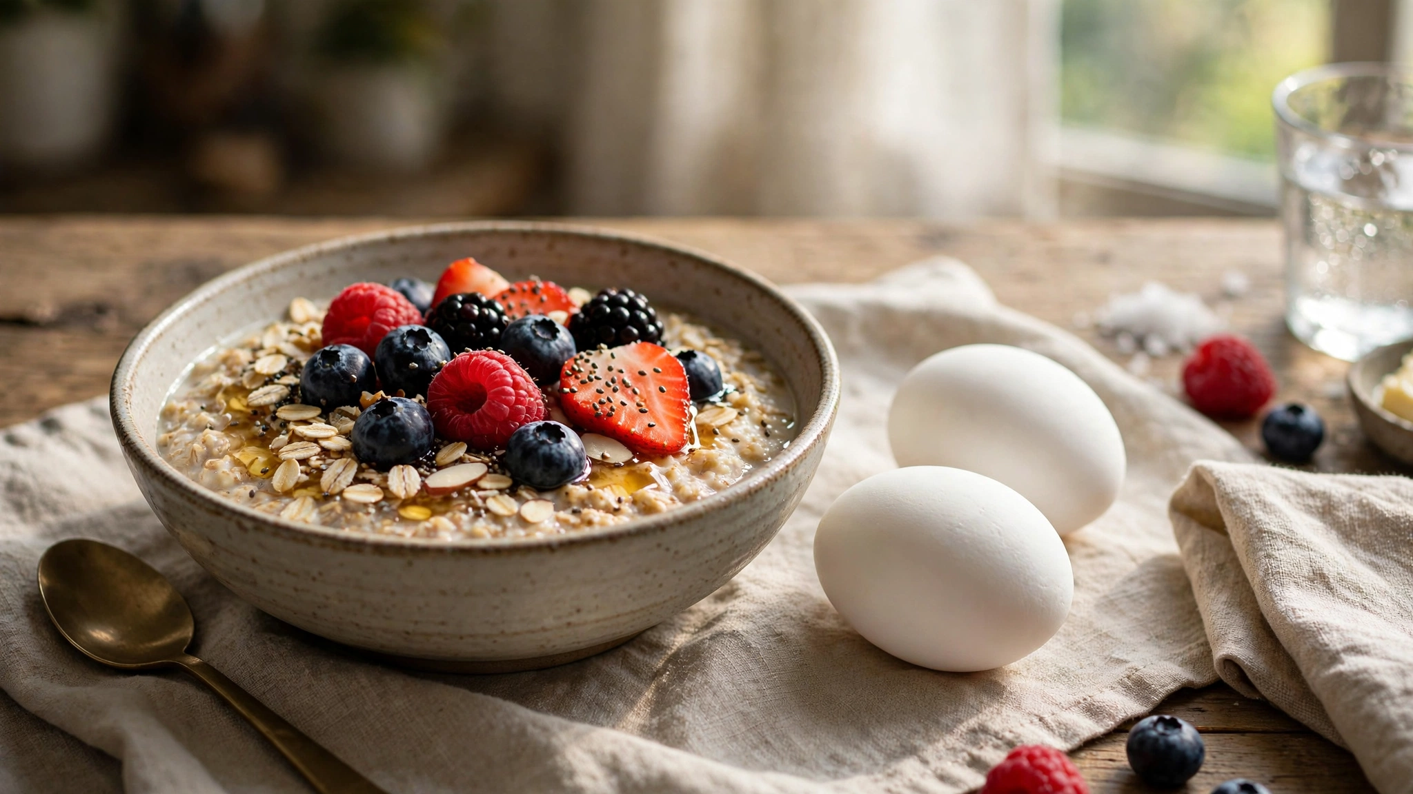 Oatmeal with berries and eggs, a steady energy breakfast for focus