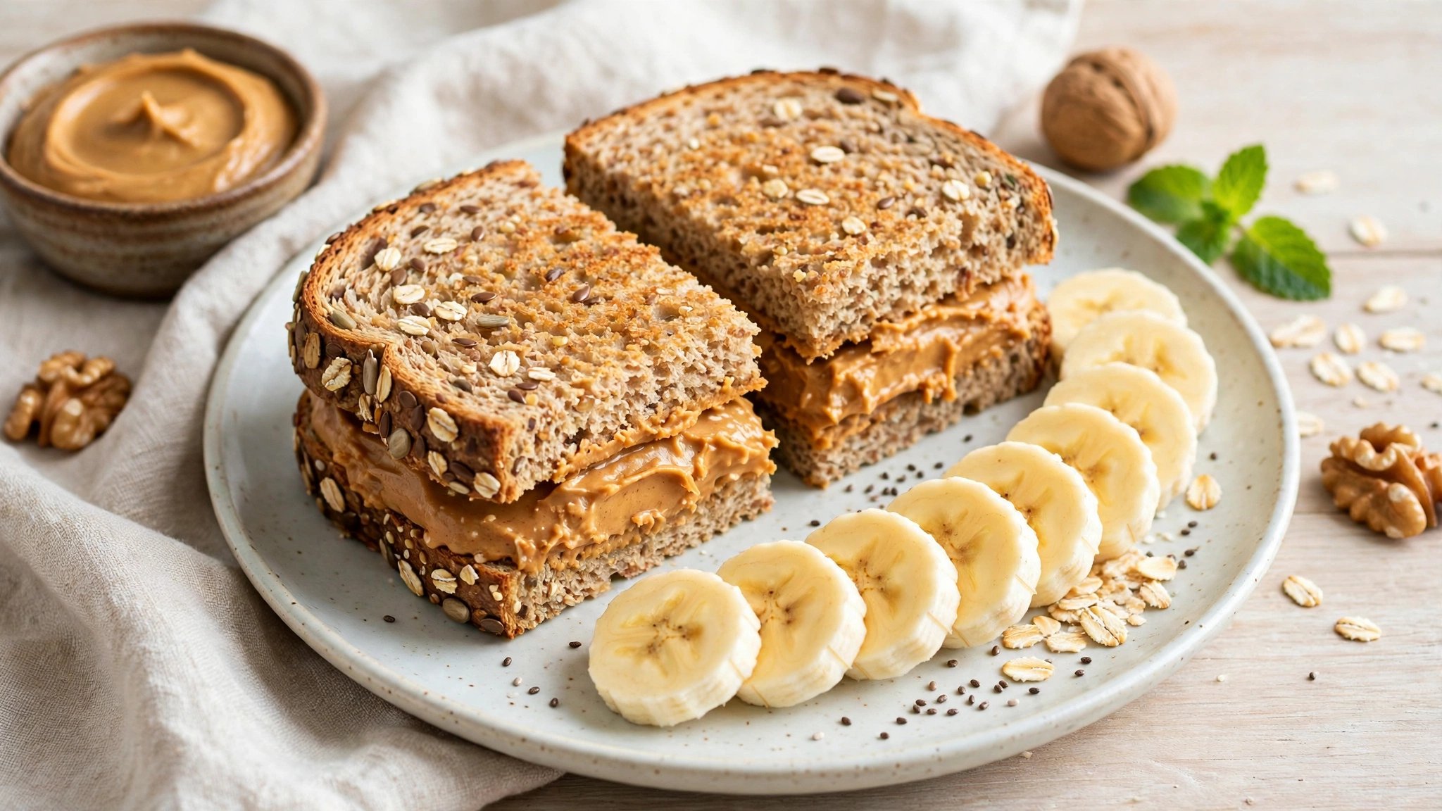 A healthier PB&J on whole grain bread with banana slices instead of jelly