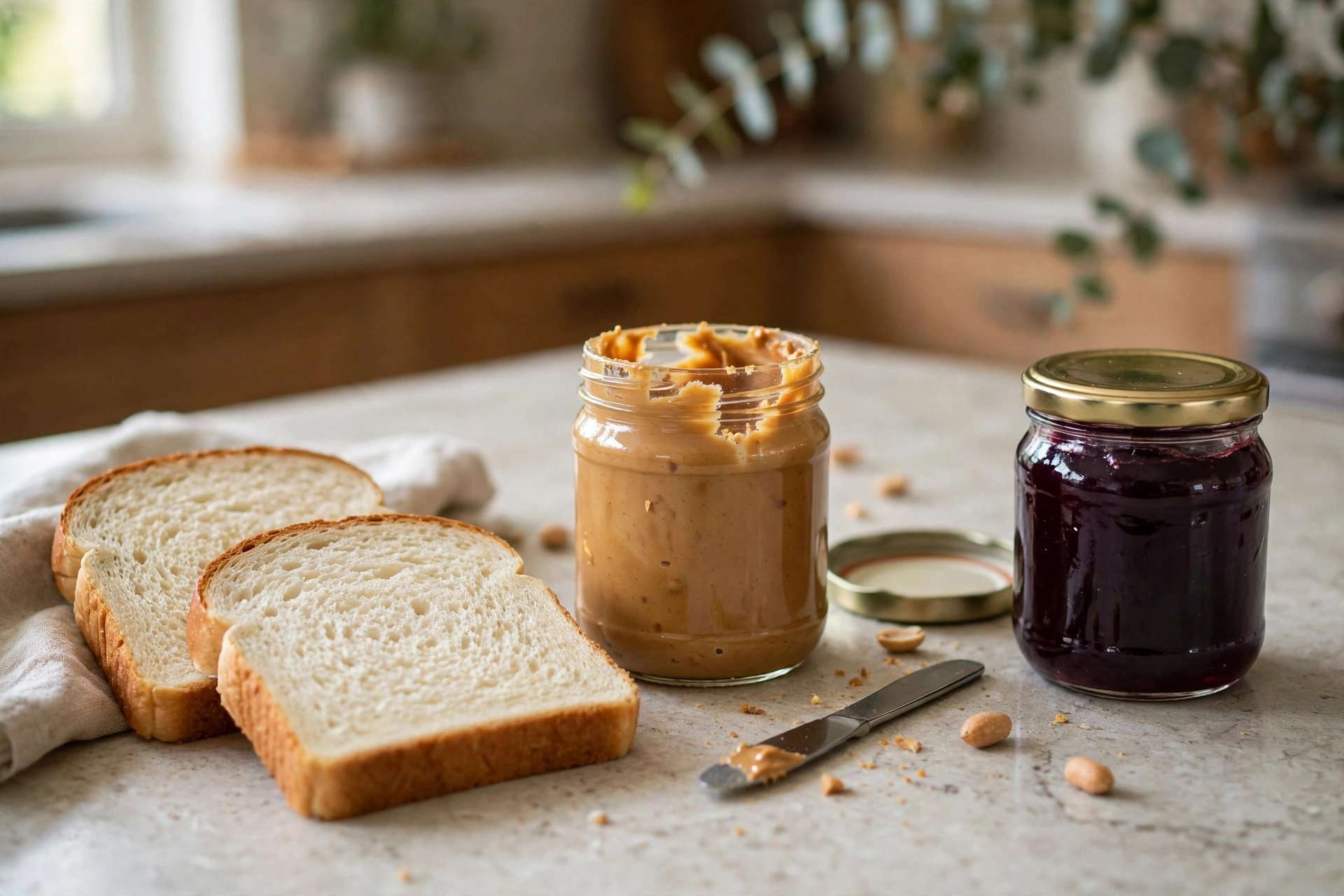 Bread, peanut butter, and jelly, the three ingredients behind PB&J sandwich calories
