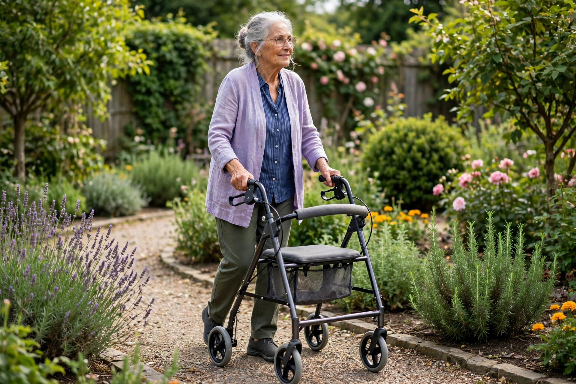 A rollator giving steady support so a senior can keep walking outdoors