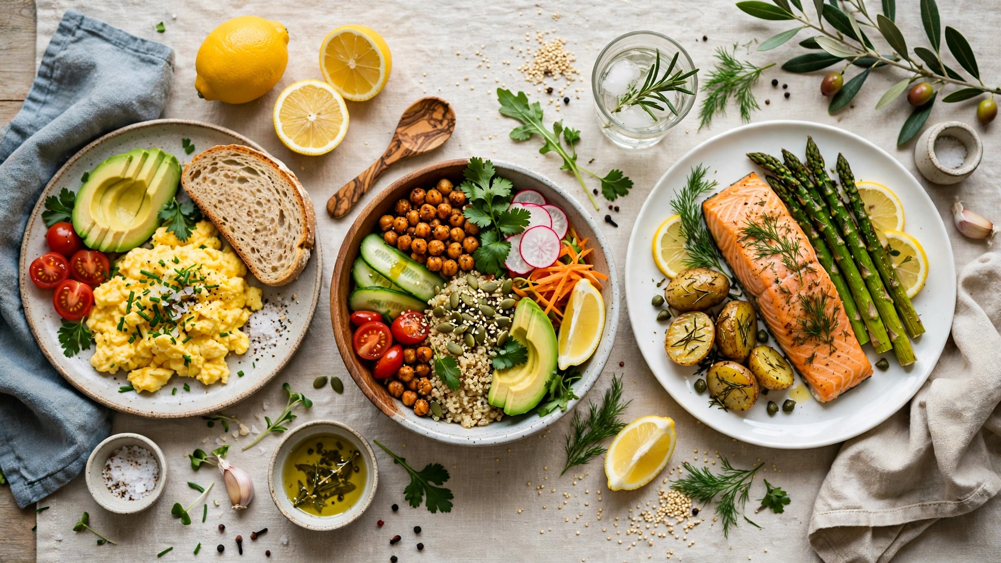 A day of balanced meals built from focus foods, from eggs at breakfast to salmon at dinner