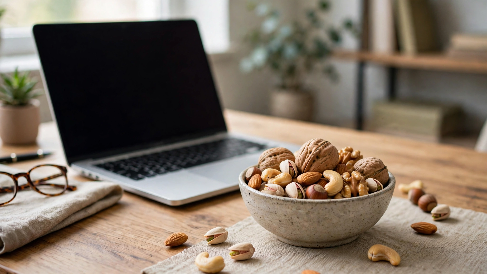 Walnuts and mixed nuts, simple snack foods for concentration at work