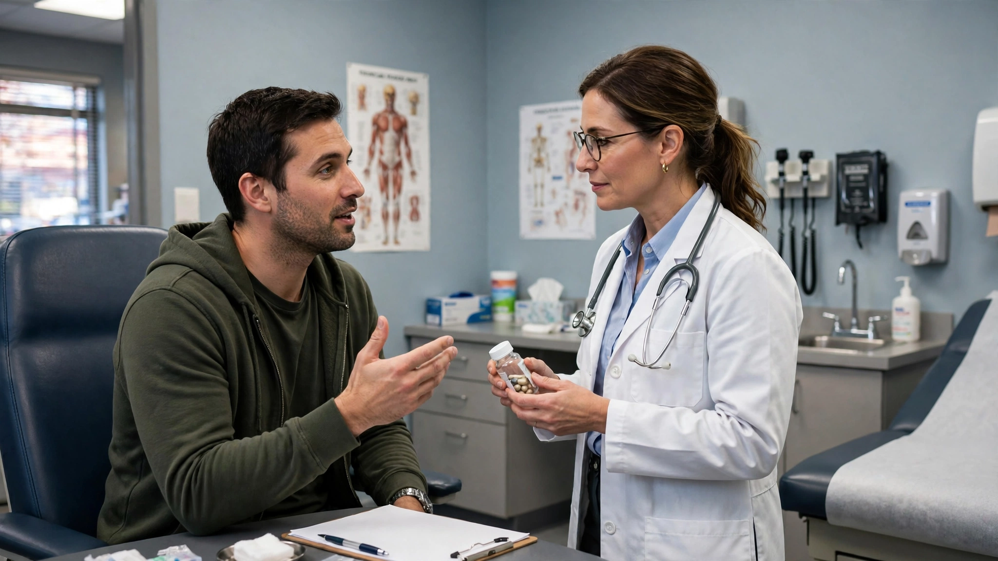 A man discussing supplement safety with his doctor, a sensible step before trying Prostadine Colibrim