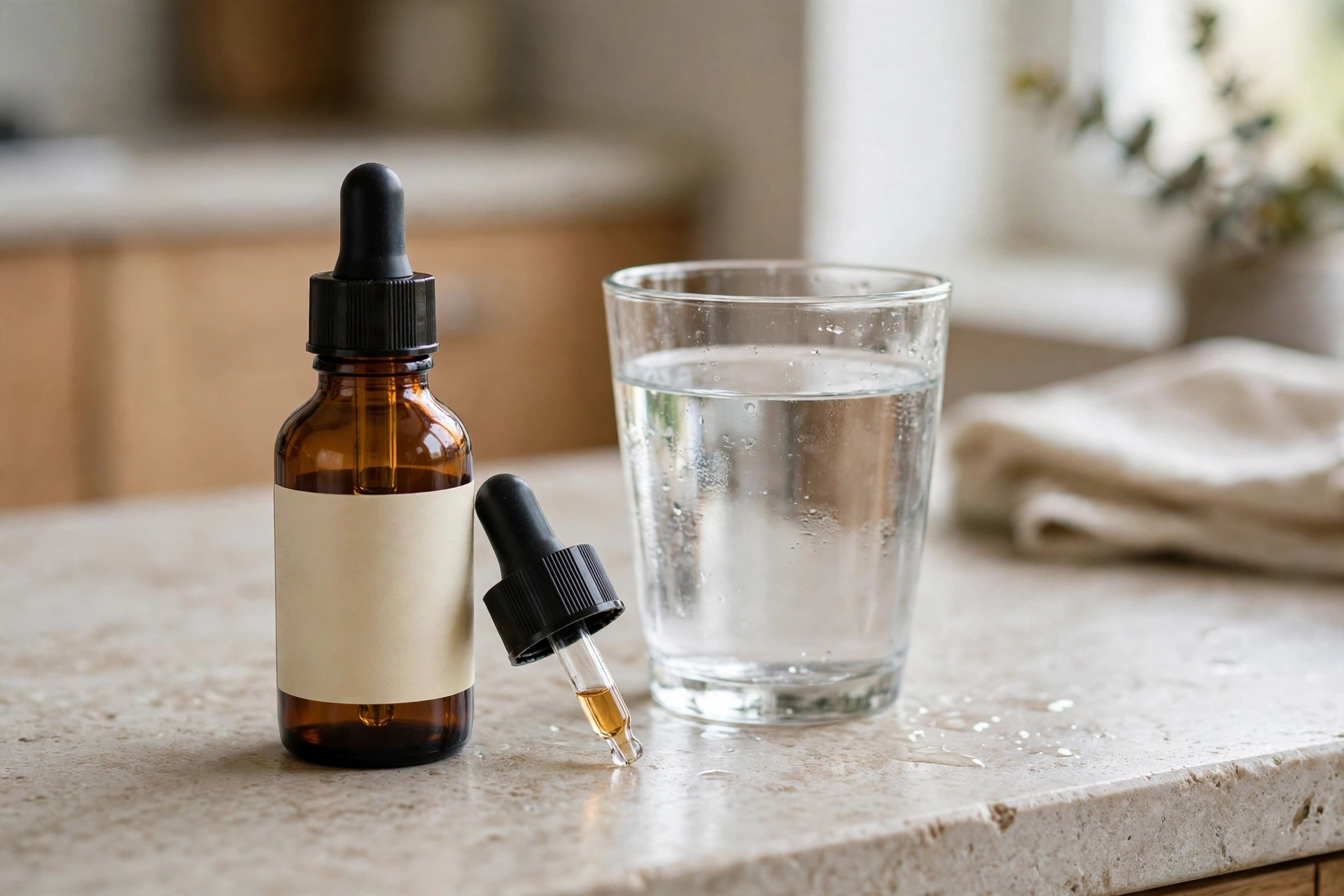 A bottle of Prostadine Colibrim liquid supplement with a dropper beside a glass of water