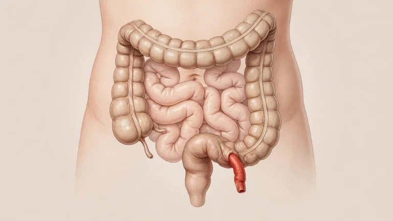 Medical illustration of appendicitis showing the inflamed appendix in the lower right abdomen