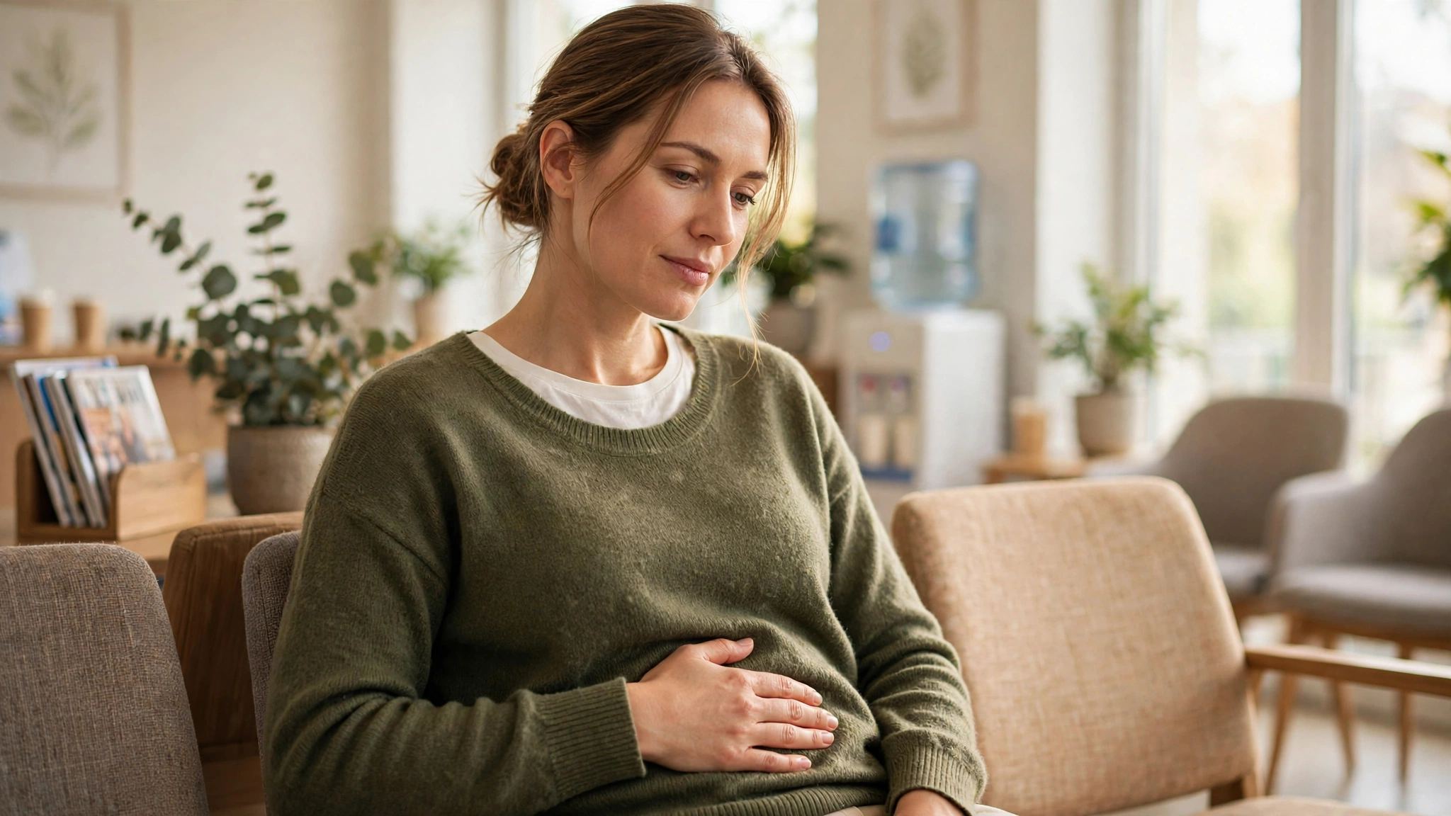 Person holding their lower right abdomen, a common sign of appendicitis pain