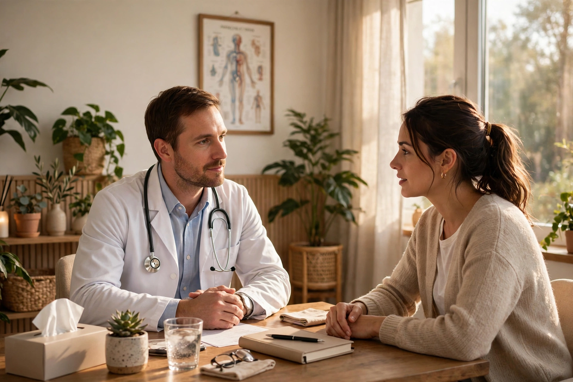 Patient discussing medication side effects and safety cautions with a doctor in a bright modern clinic