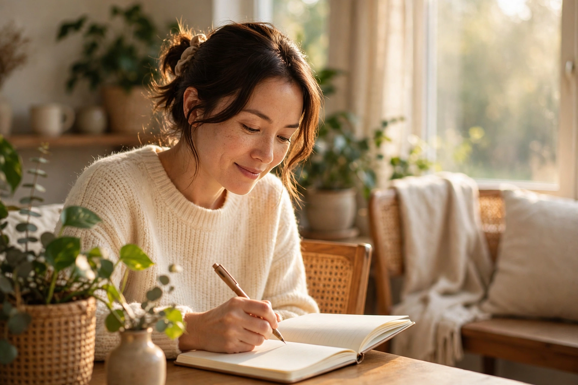 Woman journaling calmly by a bright window, a peaceful daily ritual for someone managing anxiety with buspirone
