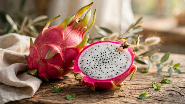 Whole and halved dragon fruit showing pink skin and white flesh with black seeds