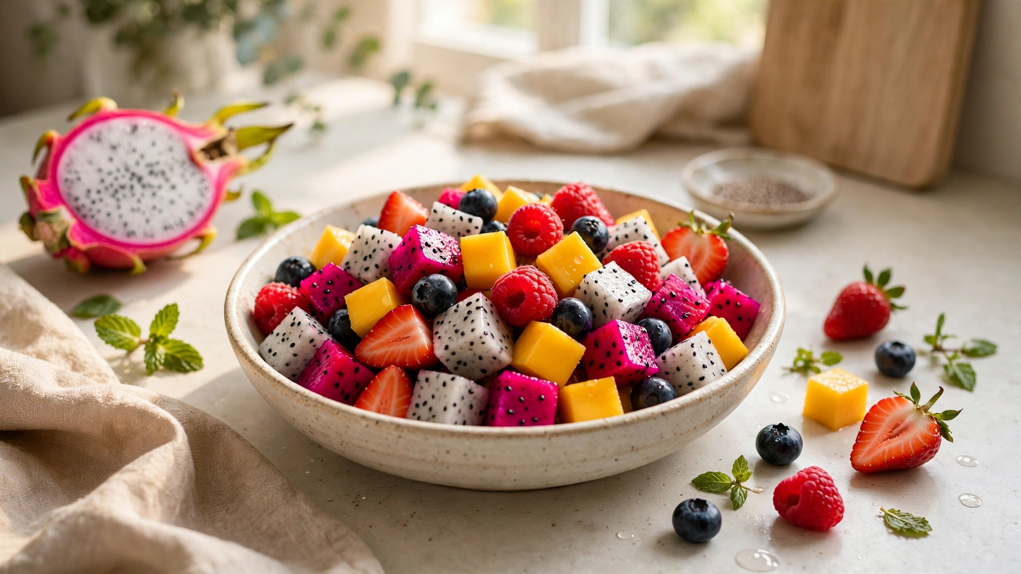 Colorful bowl of diced dragon fruit mixed with mango and berries for a healthy breakfast