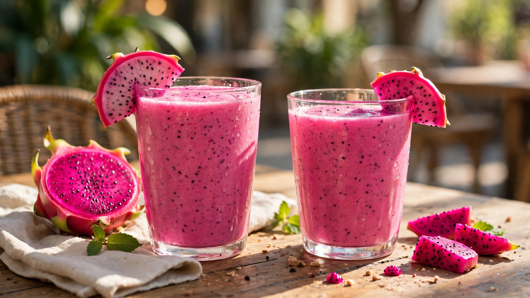 Pink dragon fruit smoothie with fresh dragon fruit slices in a sunny cafe