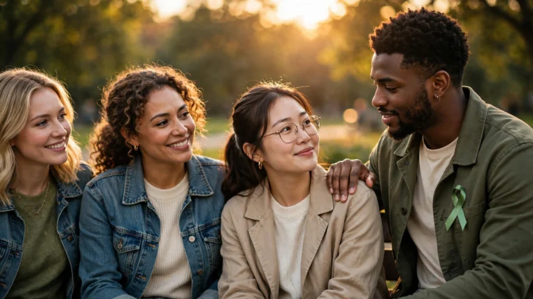 Group of friends smiling together outdoors at sunset