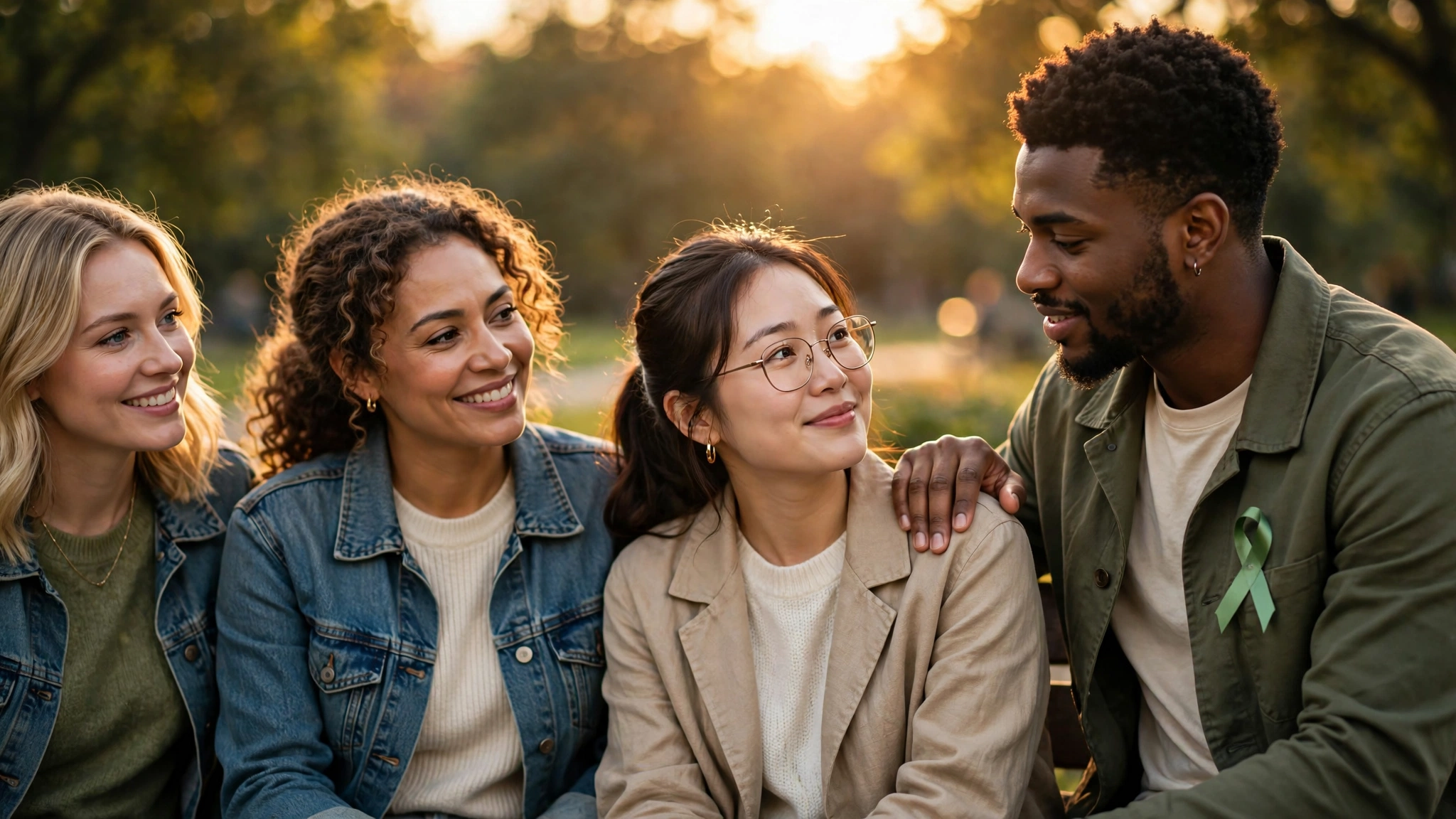 Group of friends smiling together outdoors at sunset