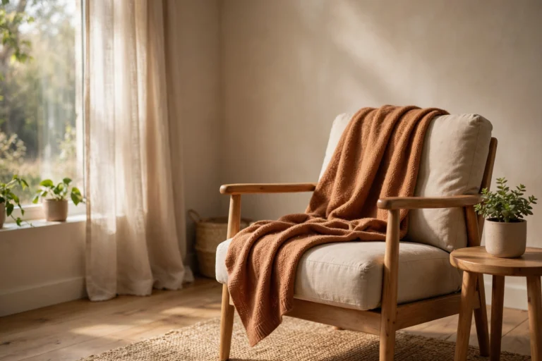 A cozy armchair with a folded throw blanket beside a sunlit window, a calm setting for reading about mental health services.