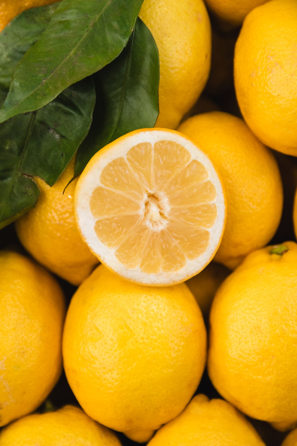 Close up of fresh whole lemons and one halved lemon with green leaves