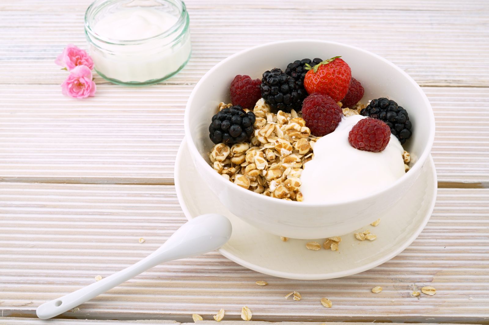 Greek yogurt bowl with granola and berries, a high protein dairy food
