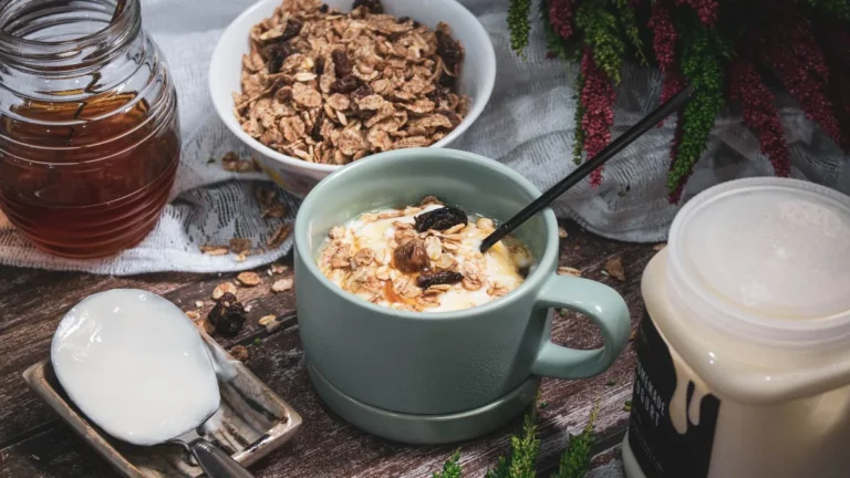 Healthy breakfast ideas on one table with yogurt, eggs, oats and fruit
