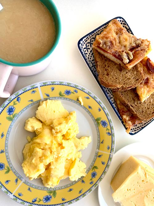 High protein healthy breakfast with eggs and yogurt
