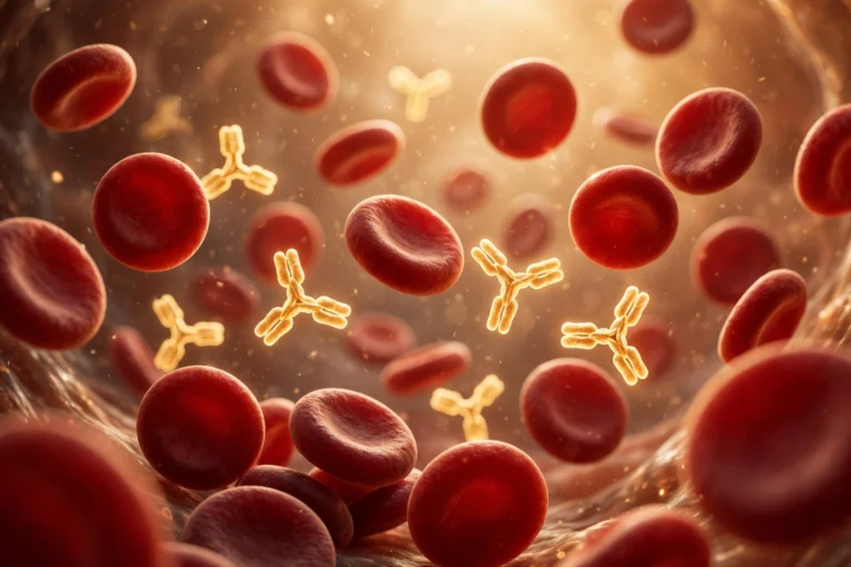 Y-shaped antibodies floating among red blood cells in the bloodstream