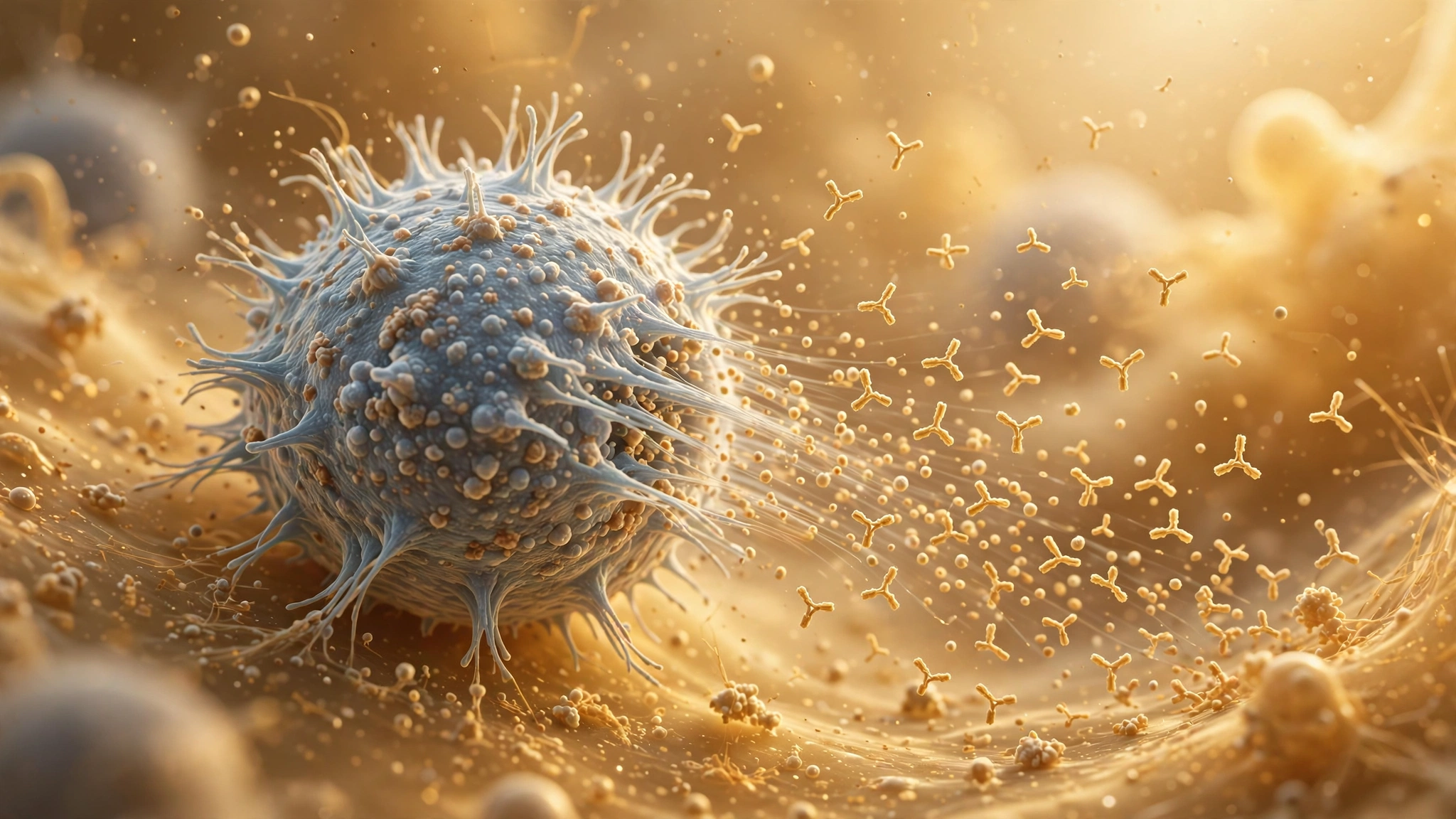 Antibodies and immune molecules attacking a spiky virus particle during a humoral immune response