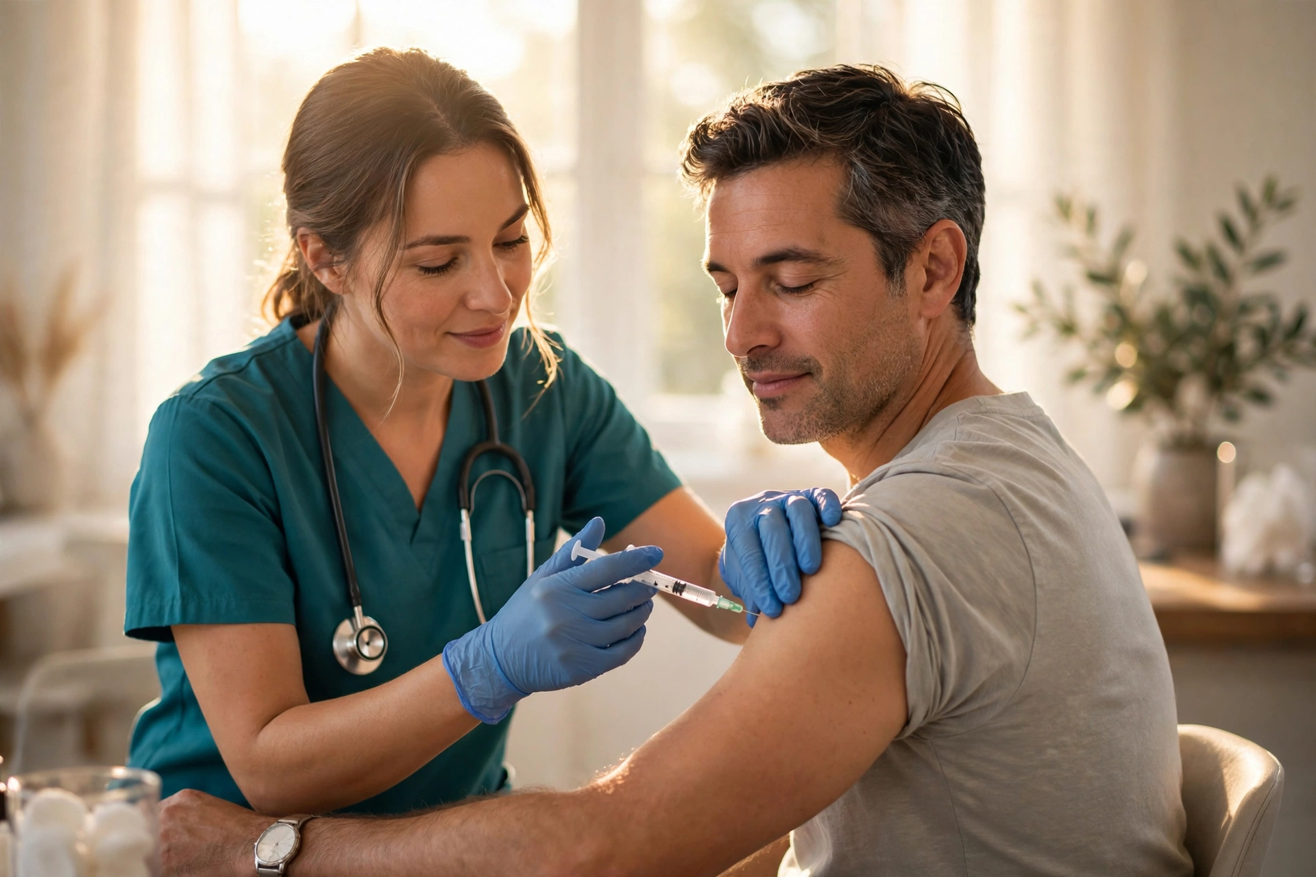 A healthcare worker administering a vaccine injection, a key way to build humoral immunity