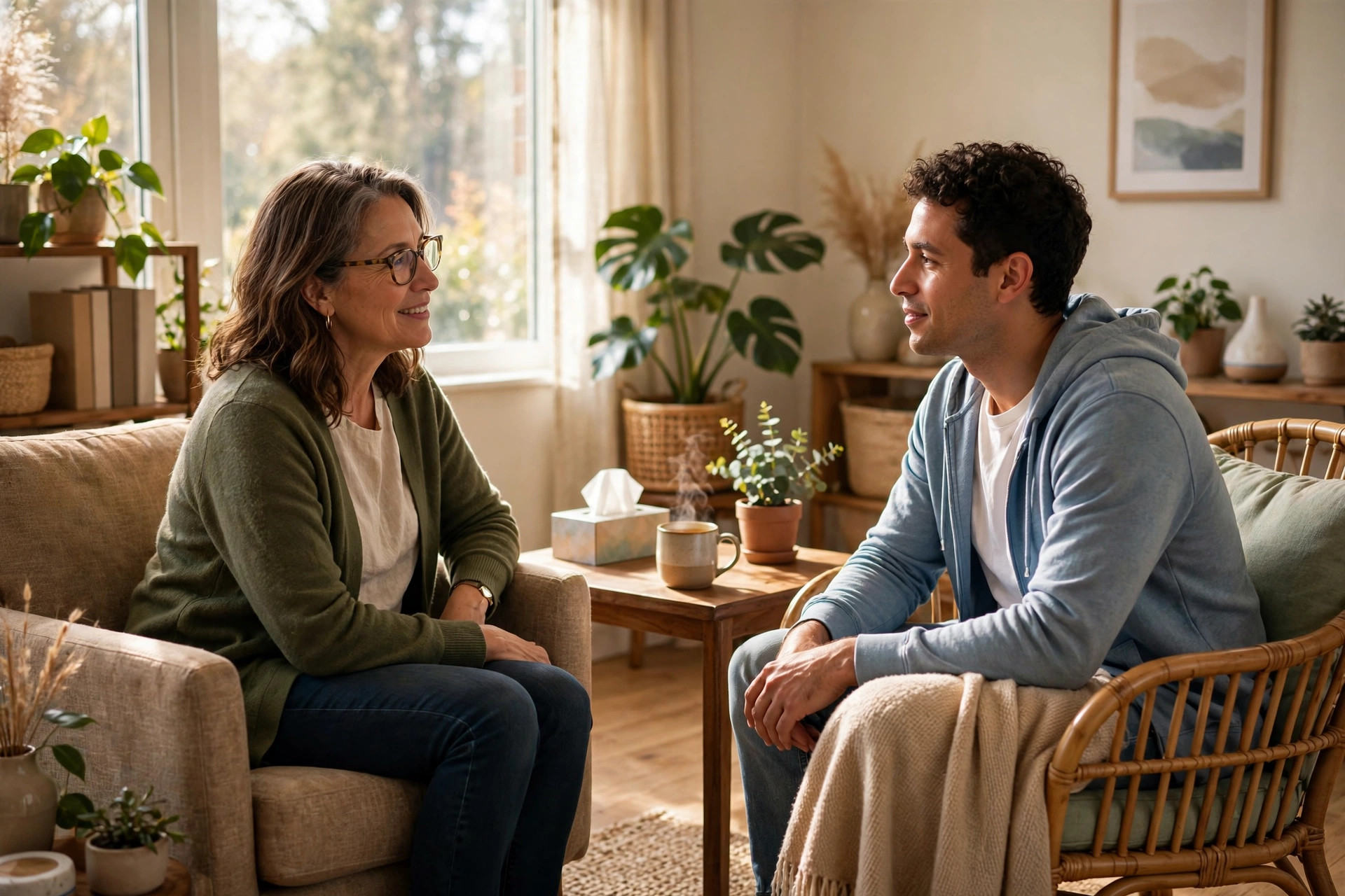 Warm therapy conversation scene