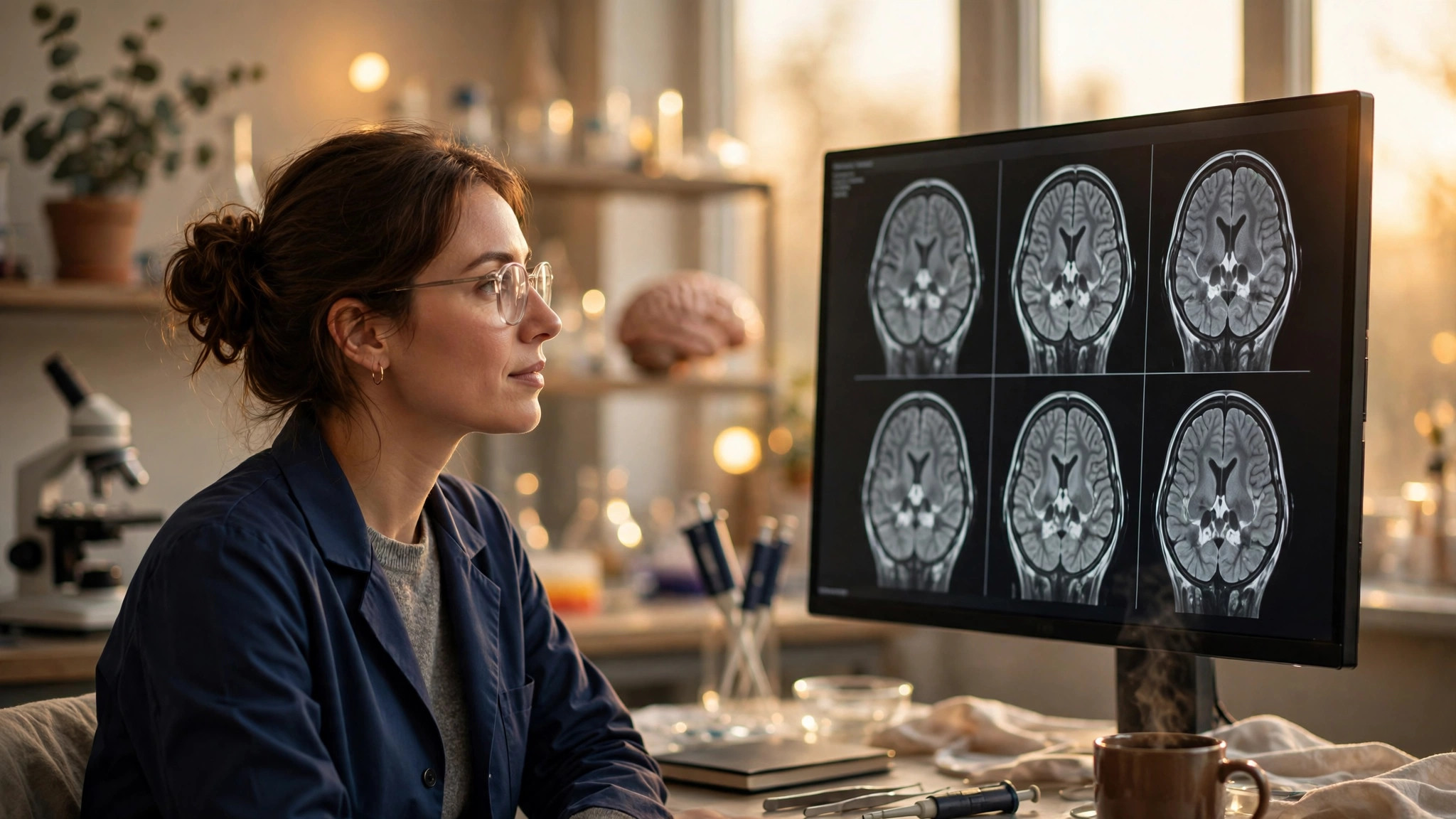 Researcher reviewing brain scans in a warm-lit lab
