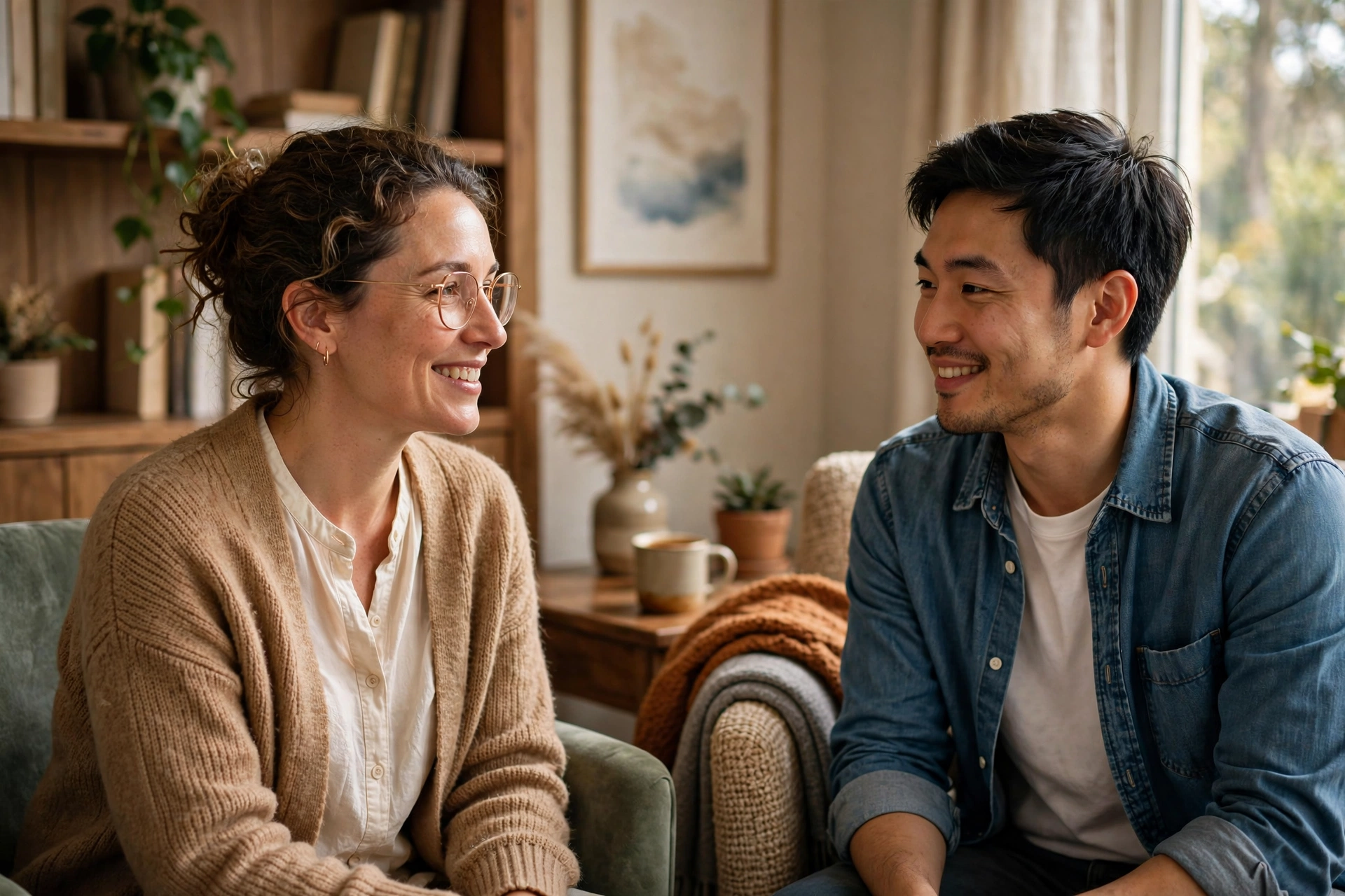 Two people in a warm, attentive conversation at a table, showing the human connection that supports mental health.