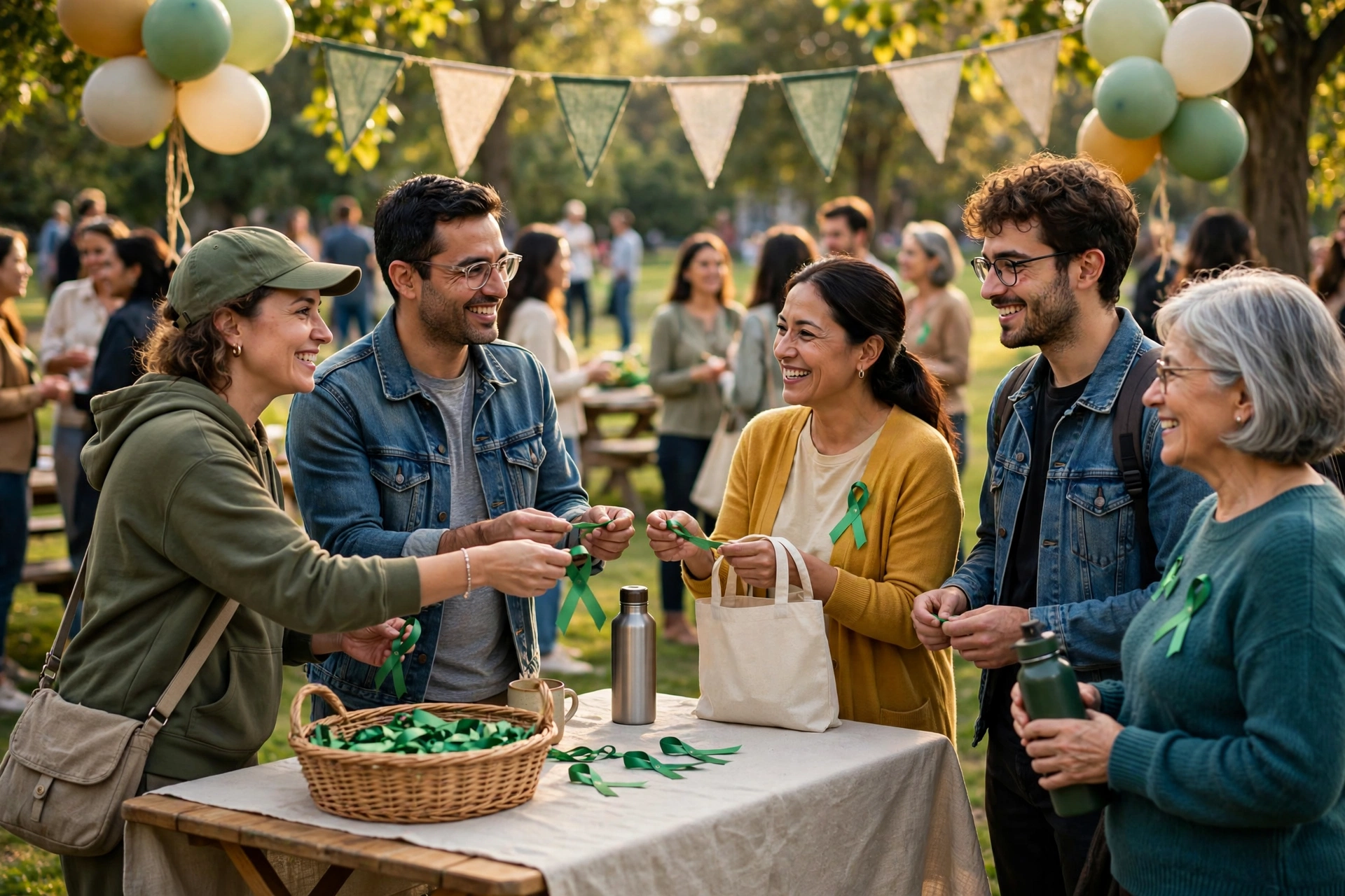 Community mental health awareness event with green ribbons