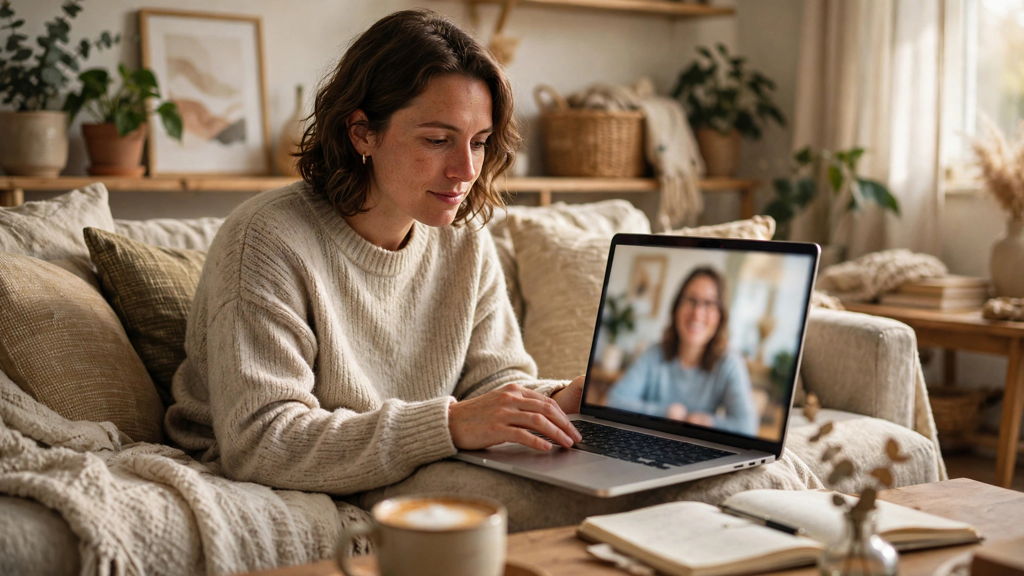 A woman smiling on a video call at her desk, illustrating accessible everyday ways to protect mental health.