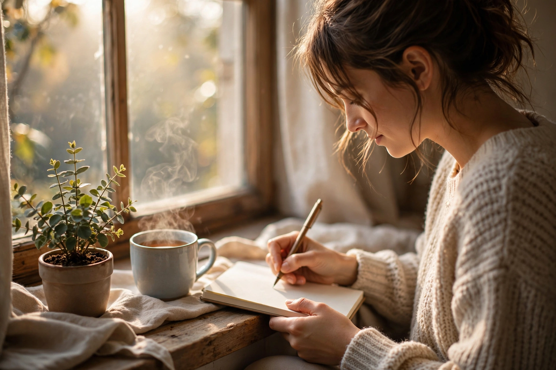 Woman journaling by a sunny window