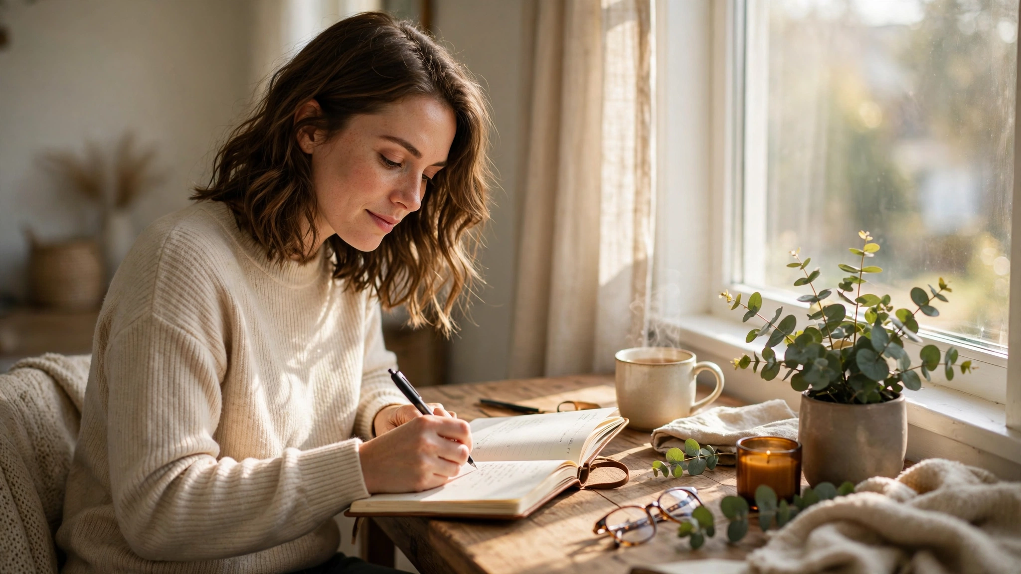 A woman writing in a journal at a desk with a cup of coffee, a self-reflection habit that supports mental health and wellbeing services.