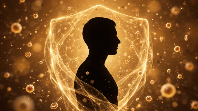 Human silhouette surrounded by a warm golden immune-shield glow with immune cells, symbolizing innate immunity