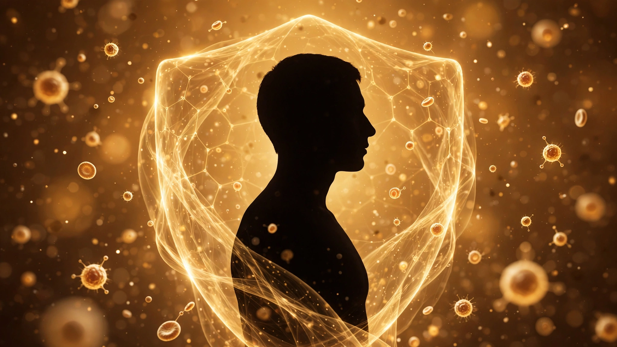 Human silhouette surrounded by a warm golden immune-shield glow with immune cells, symbolizing innate immunity