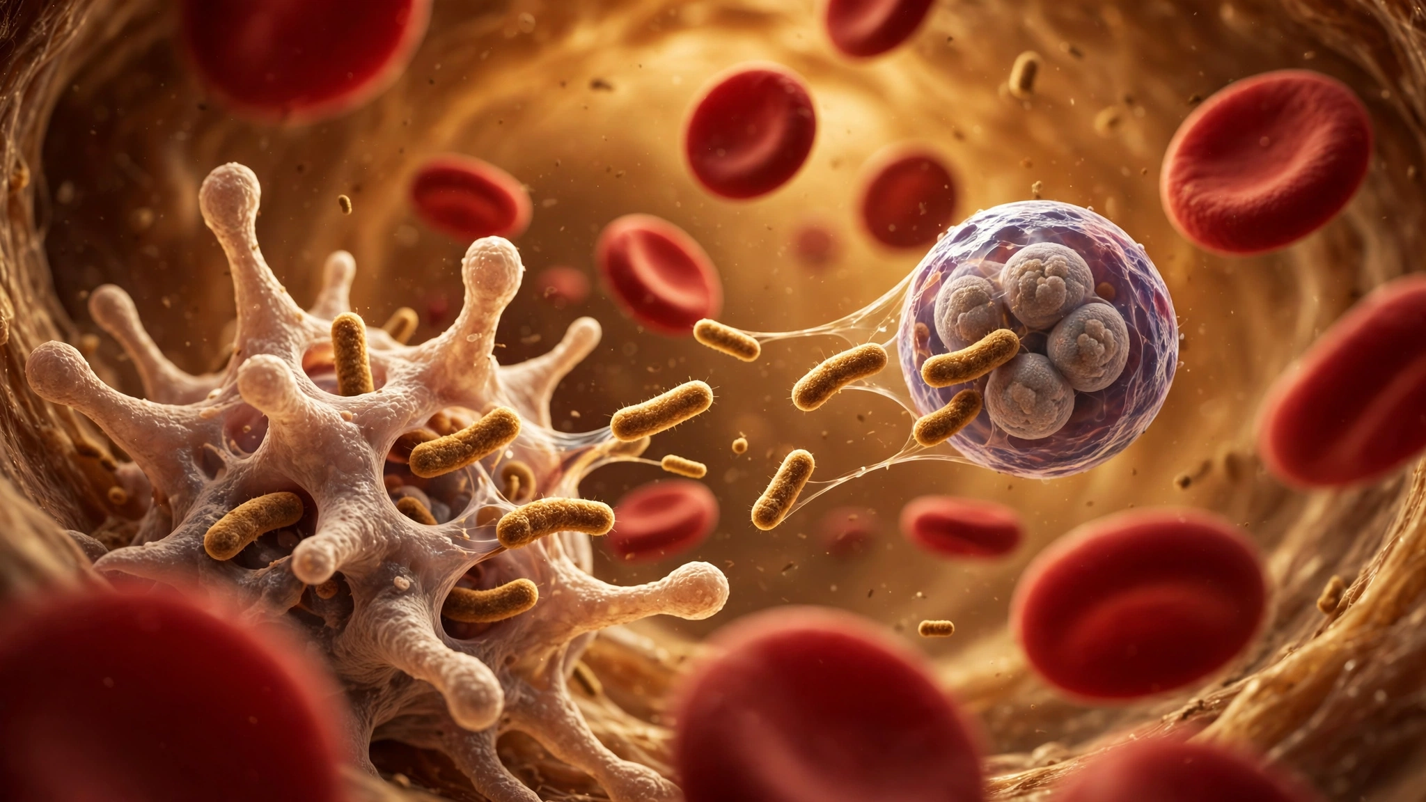 White blood cells attacking and engulfing germs, showing innate immunity's cellular defense in action