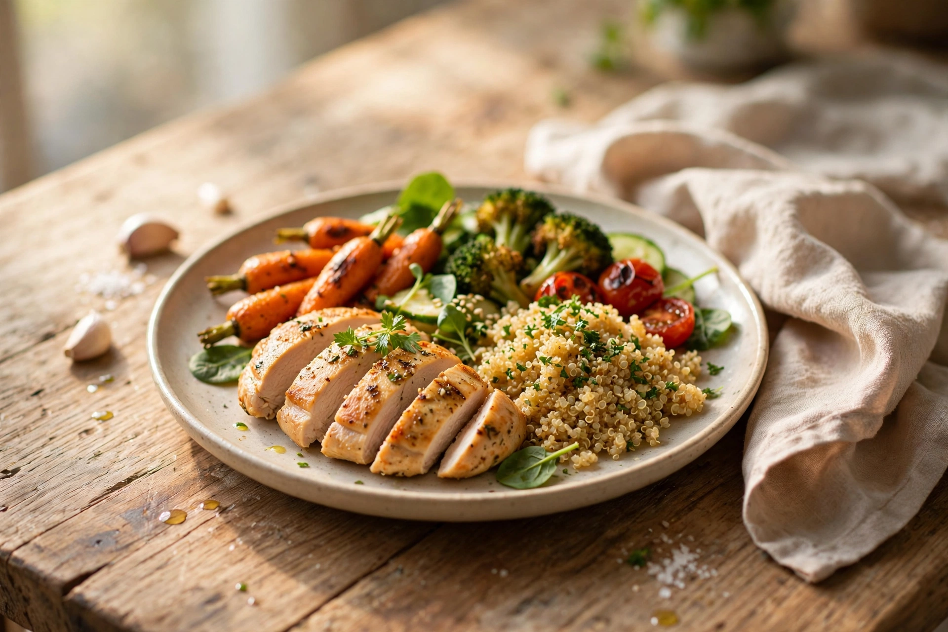 A small balanced meal of vegetables, grains, and lean protein served on a plate