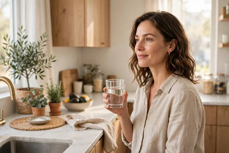 A woman holding a glass of water in a bright kitchen, illustrating calm everyday habits for acid reflux