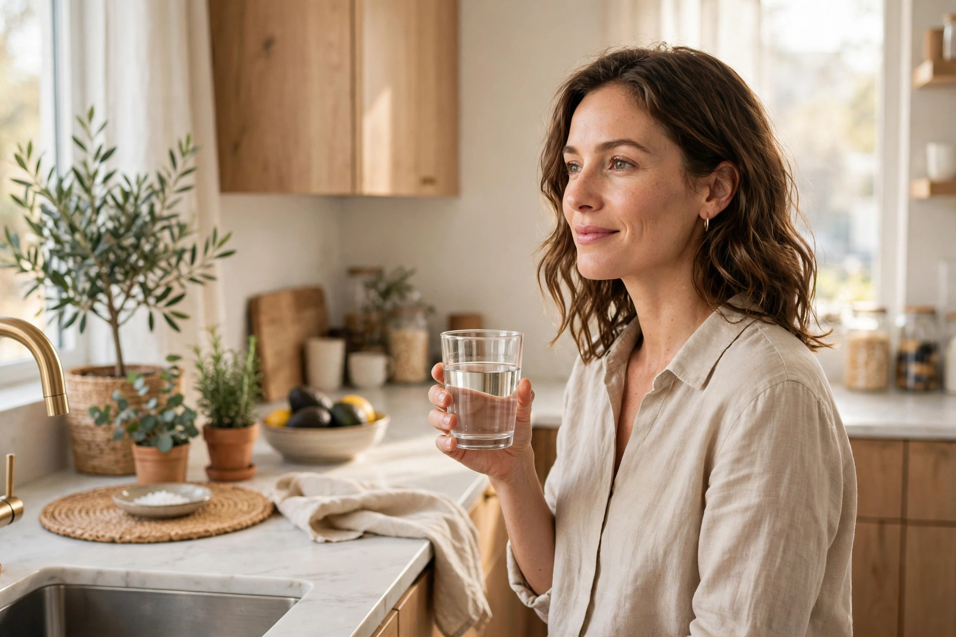 A woman holding a glass of water in a bright kitchen, illustrating calm everyday habits for acid reflux