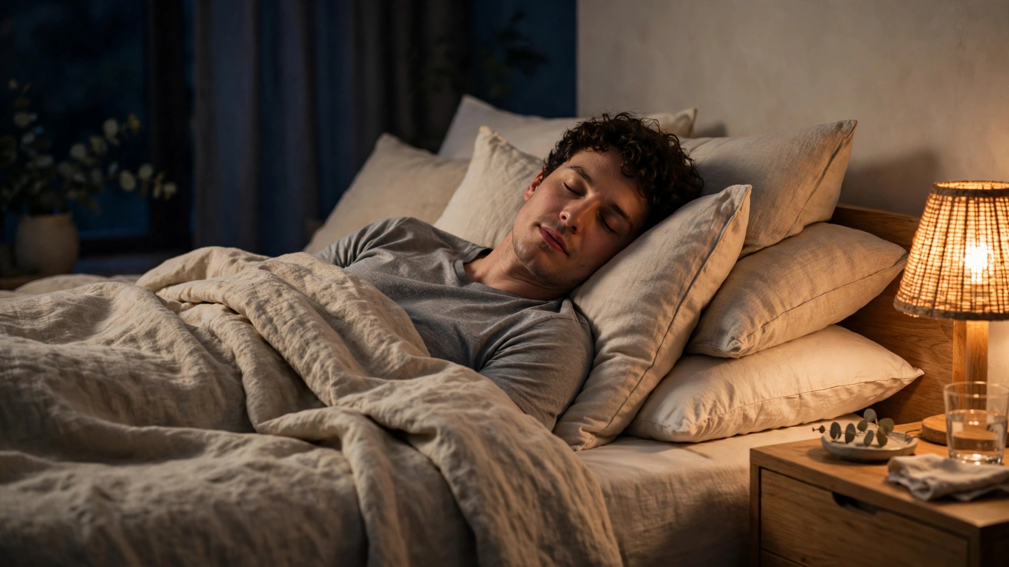 A person sleeping with their upper body slightly raised on extra pillows at night