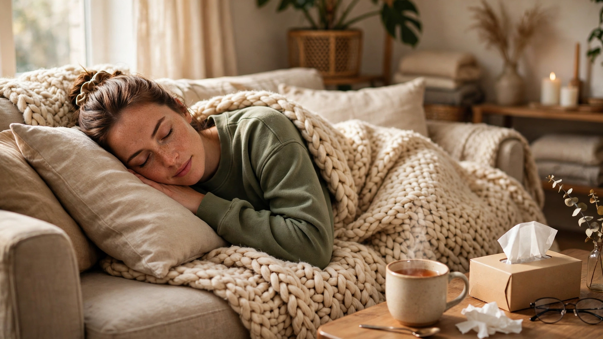 A person resting with a warm drink while recovering from a cough, with benzonatate safety information in mind