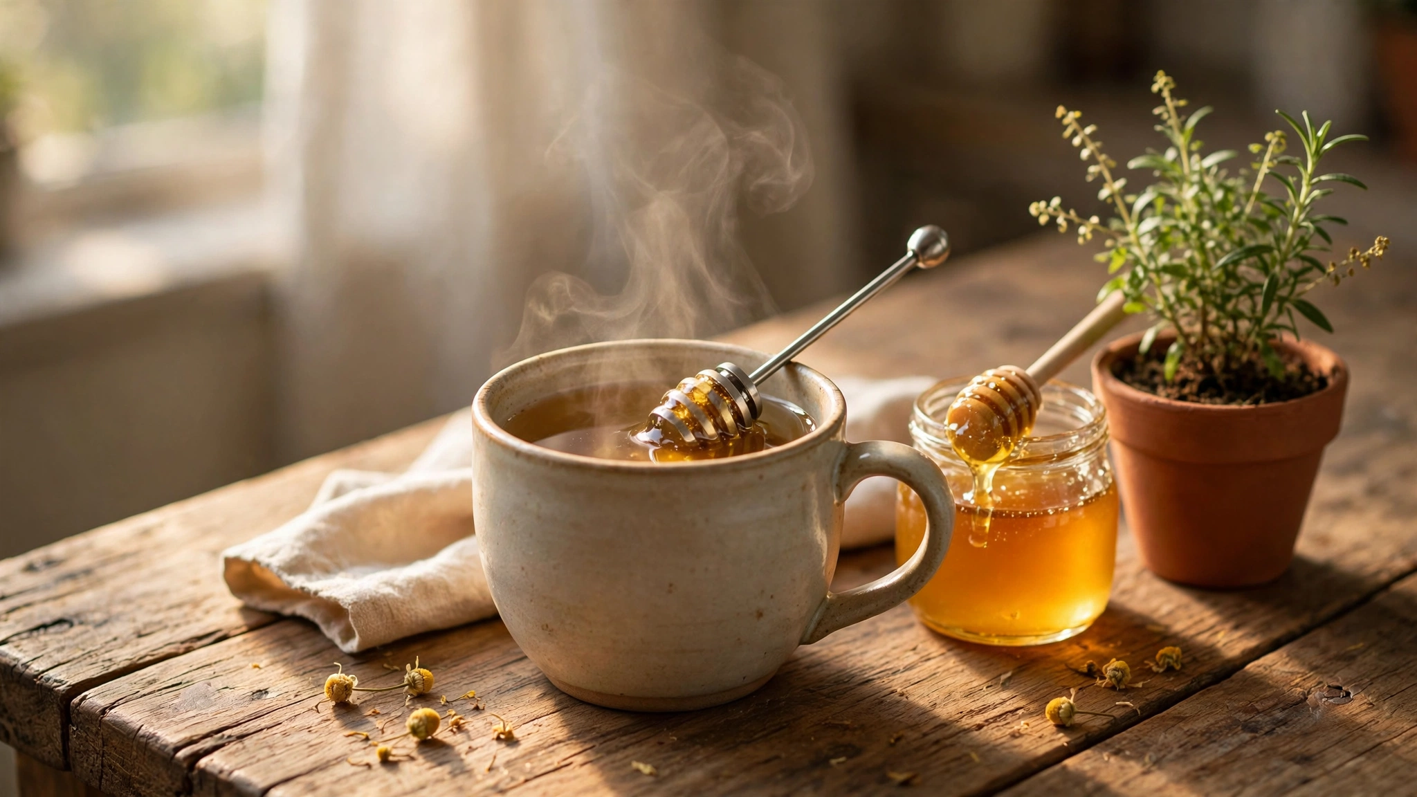 A steaming mug of herbal tea with honey, a soothing drink while recovering from a cough