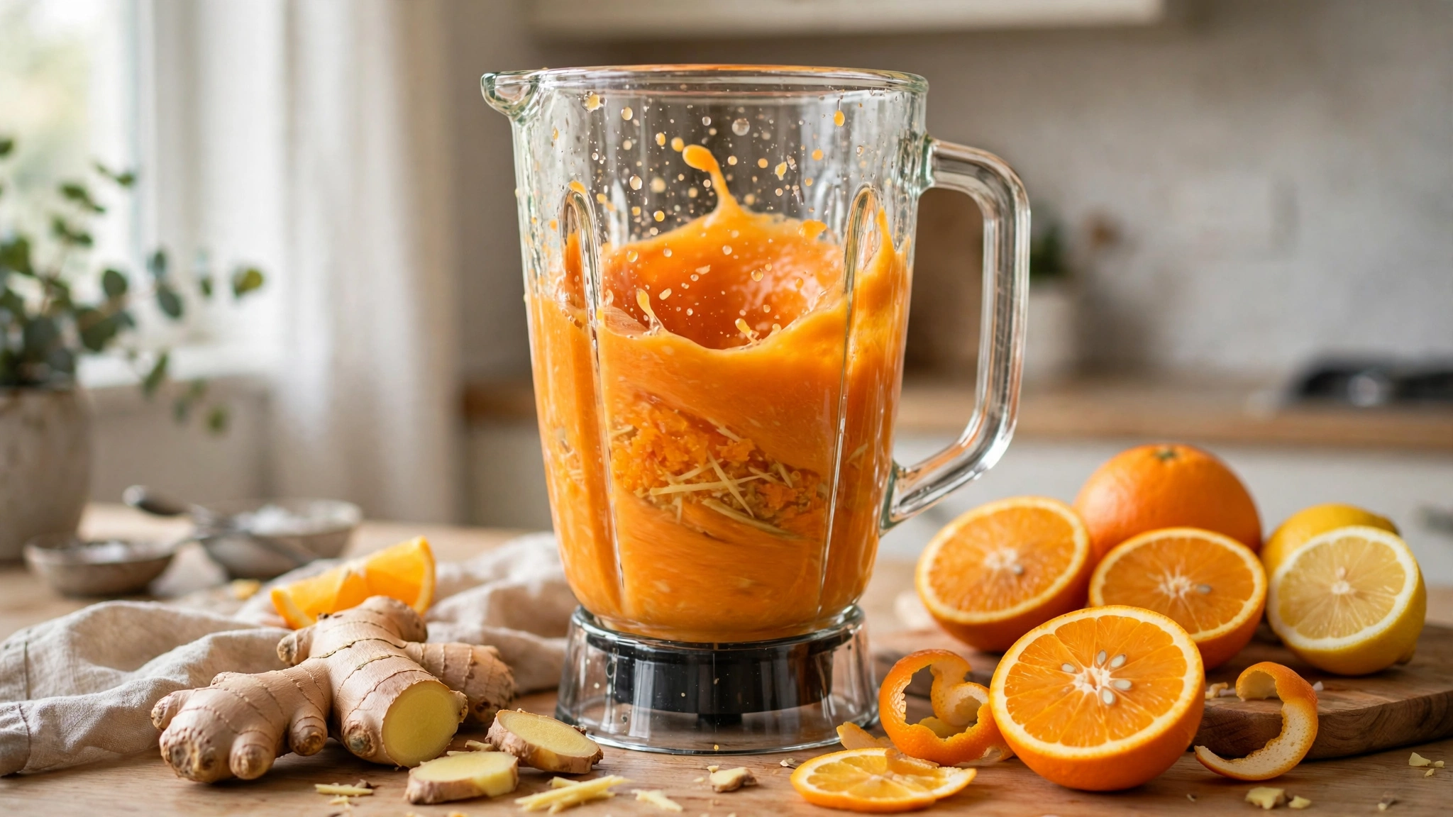 Blending fresh ginger and citrus for homemade immunity shots