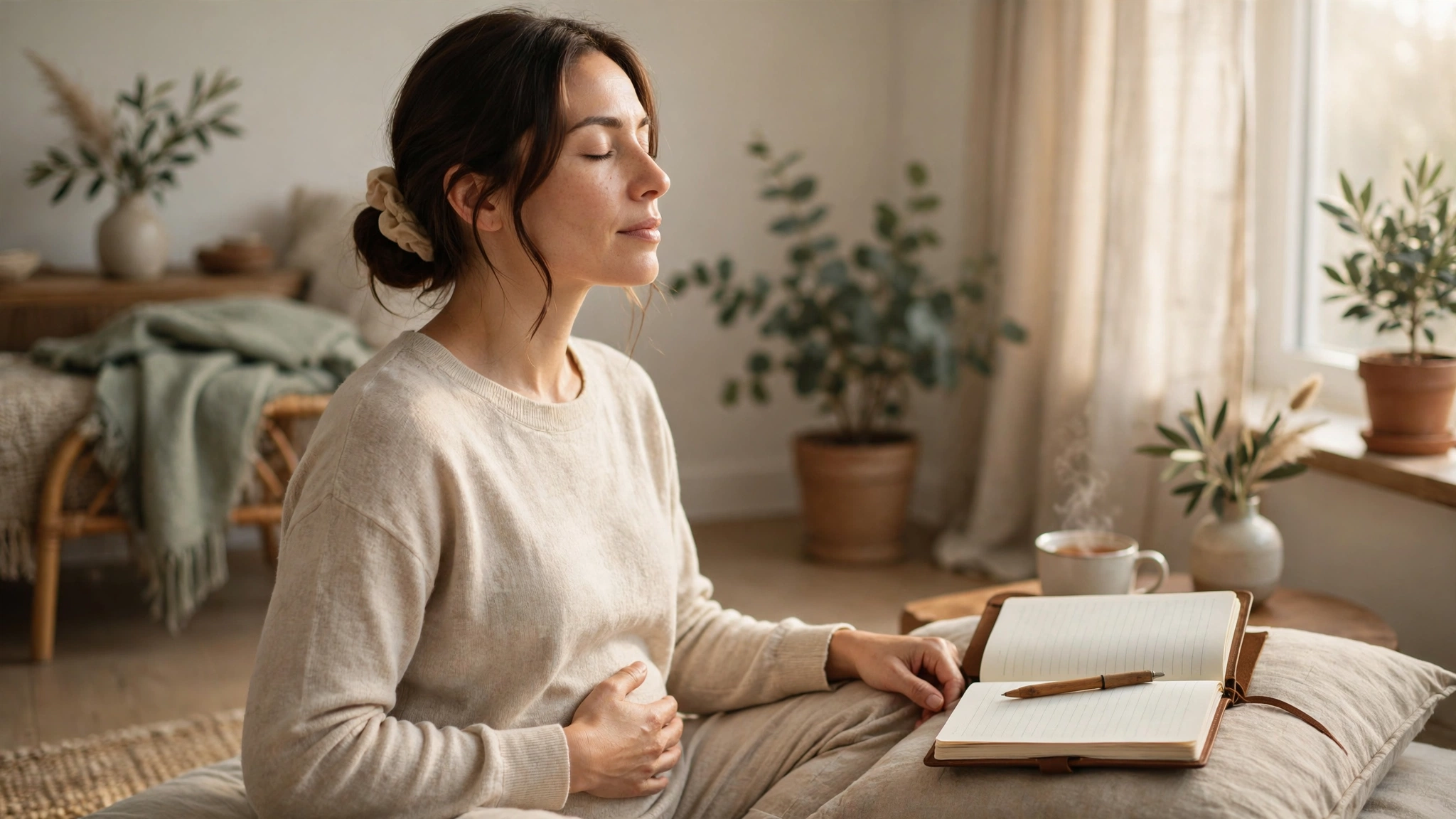 Woman practicing mental health exercises at home with a journal and slow, calm breathing