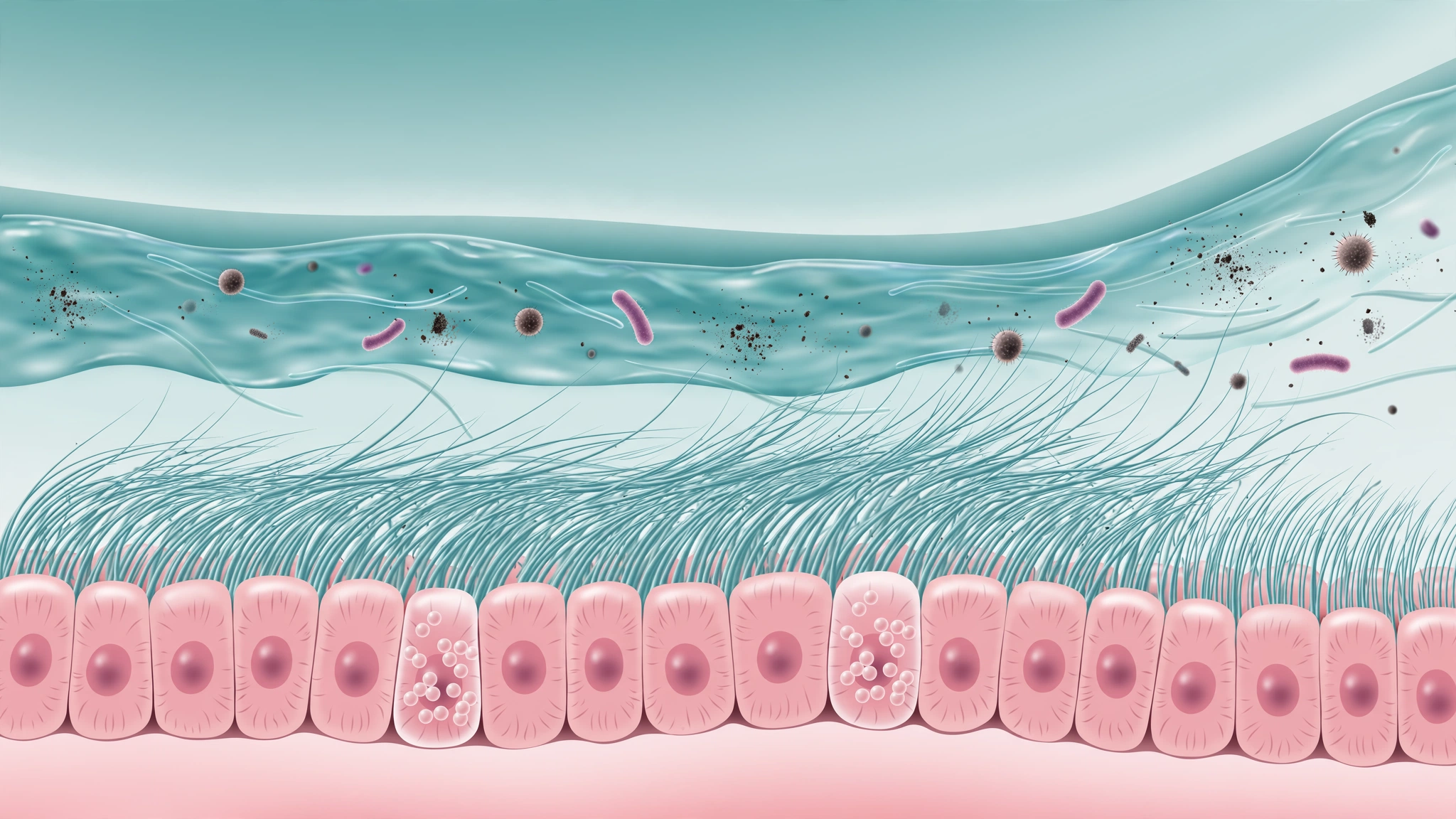 Cilia and mucus trapping germs in the airways, a physical barrier of the innate immune system