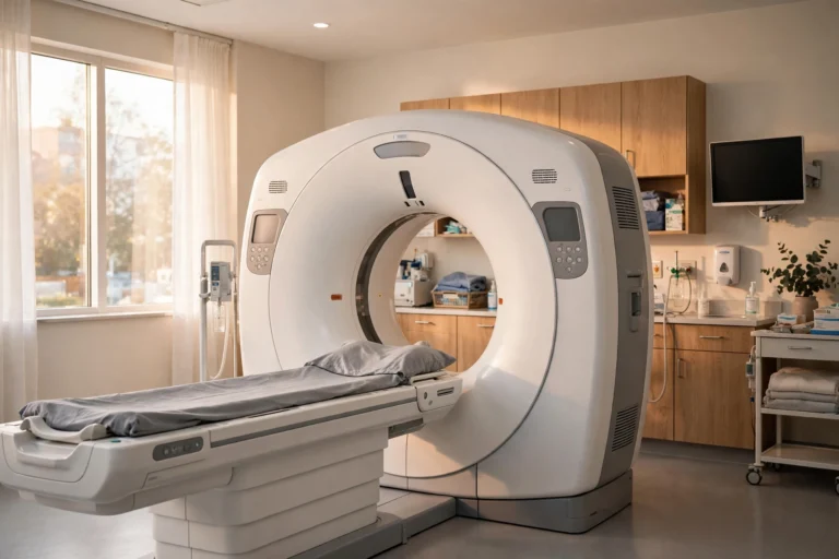 A modern CT scan machine in a bright hospital imaging room with a patient table