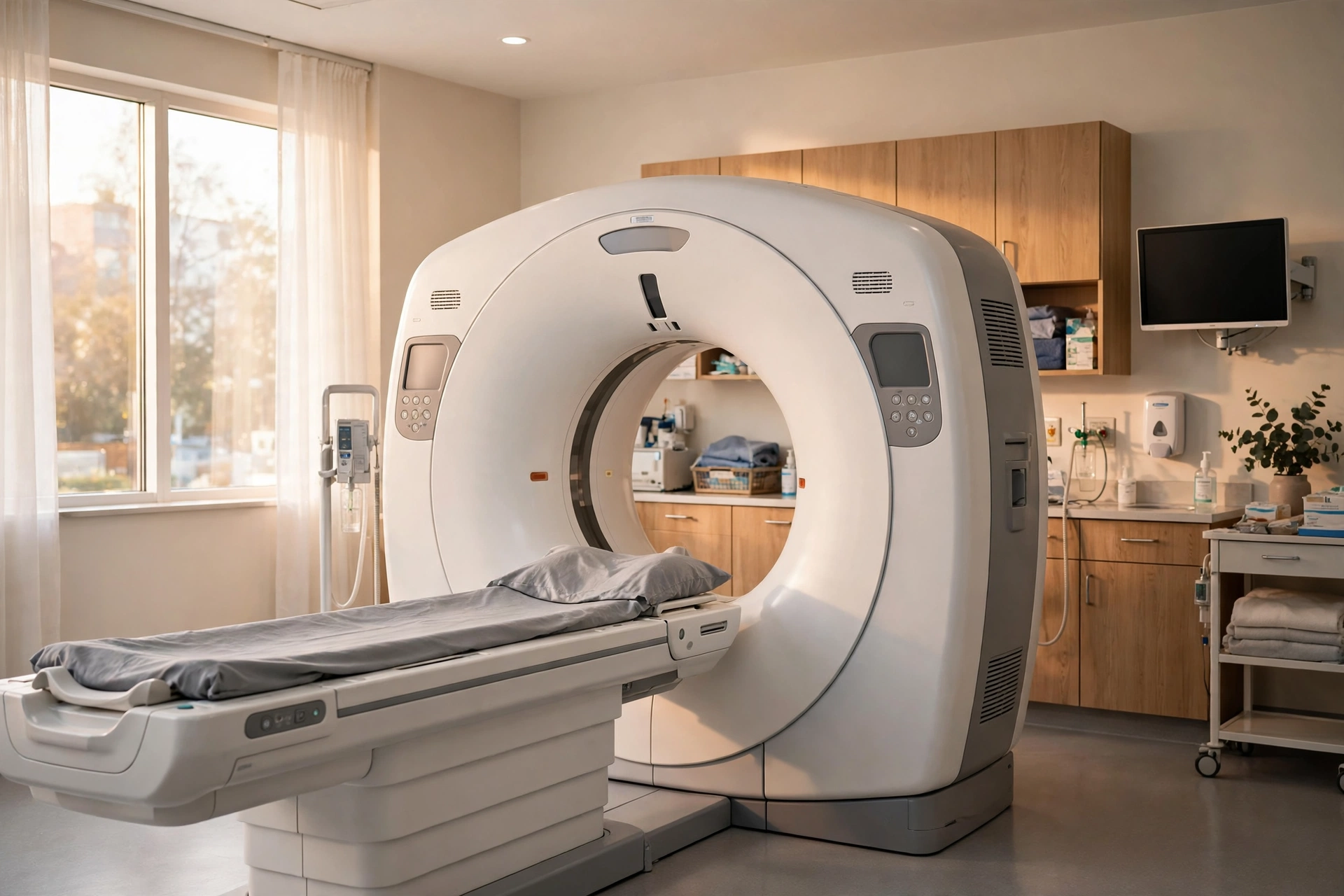 A modern CT scan machine in a bright hospital imaging room with a patient table