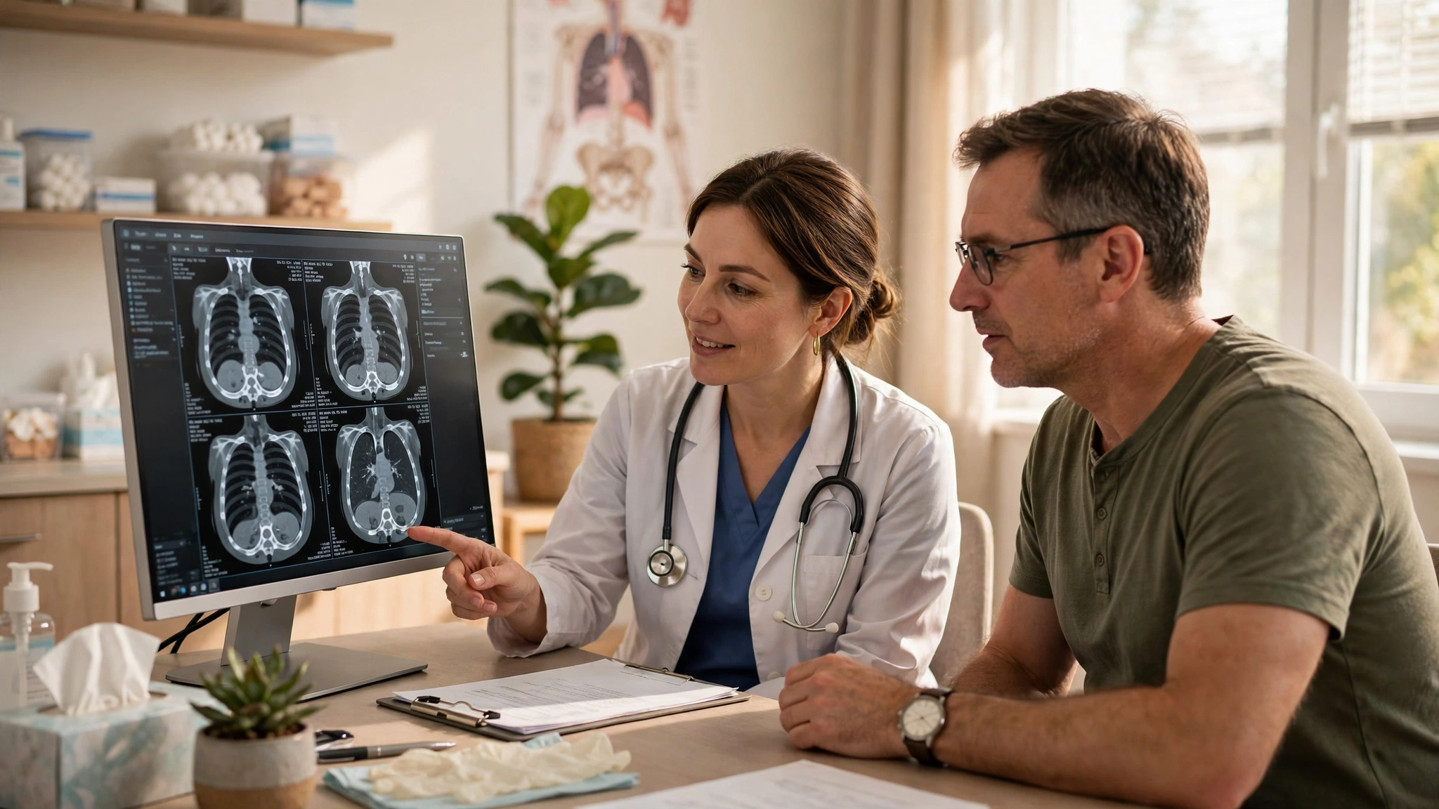 A doctor reviewing CT scan images on a computer screen with a patient