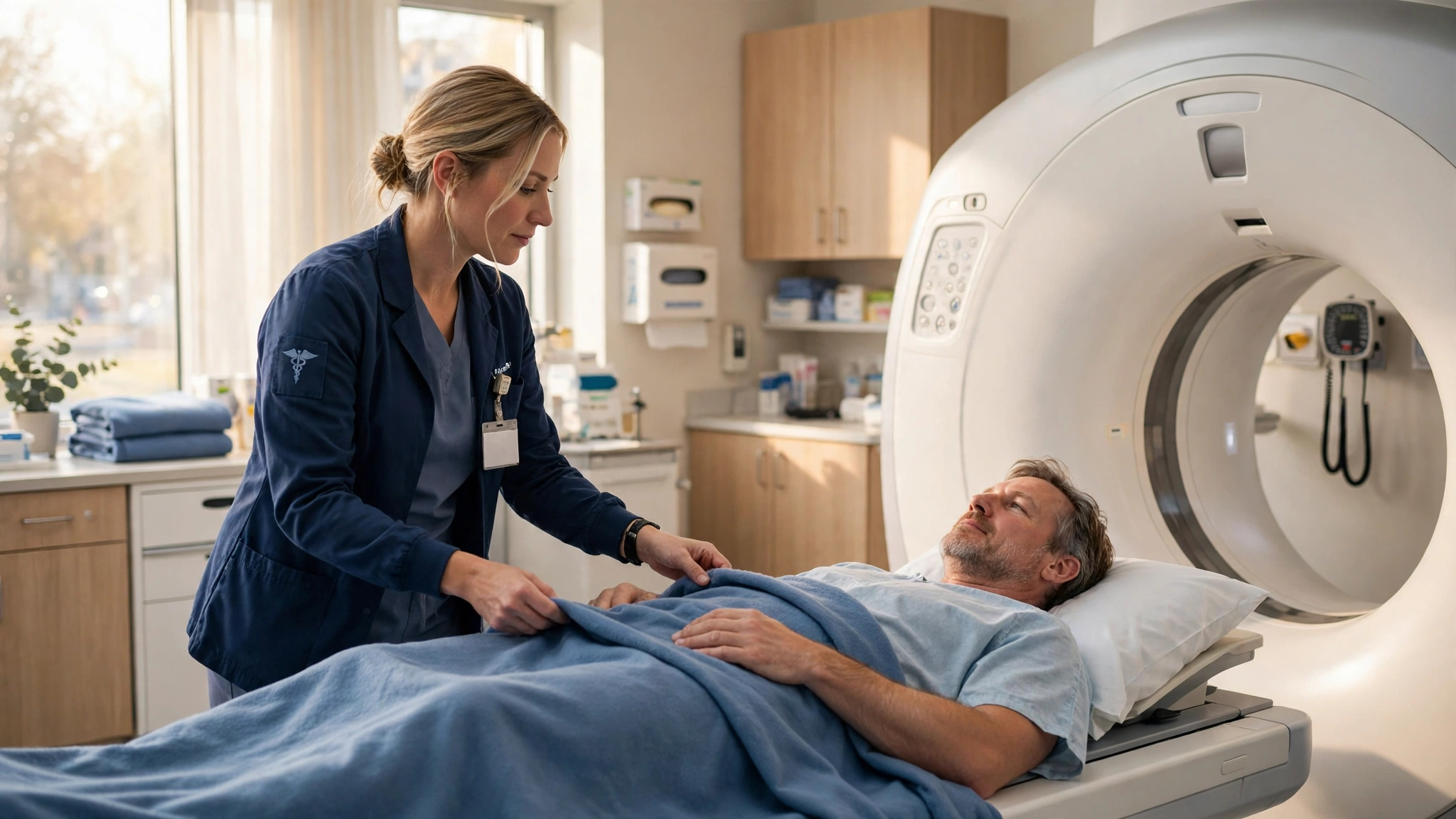 A radiology technologist preparing a patient on a CT scanner table